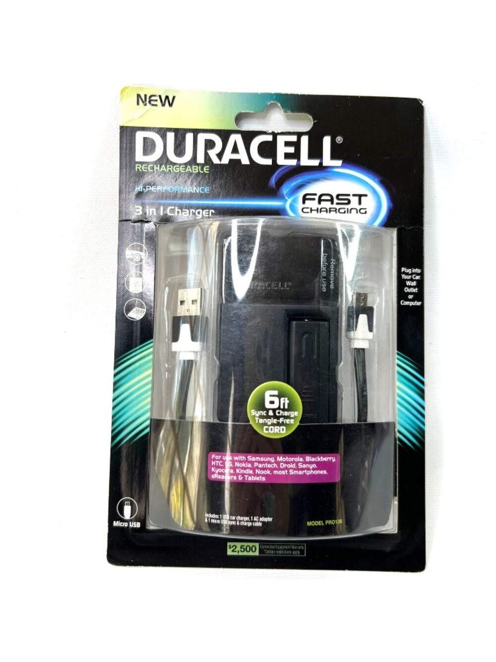 Duracell 3 in 1 Rechargeable Charger PRO126 6ft Cord Samsung Motorola Blackberry
